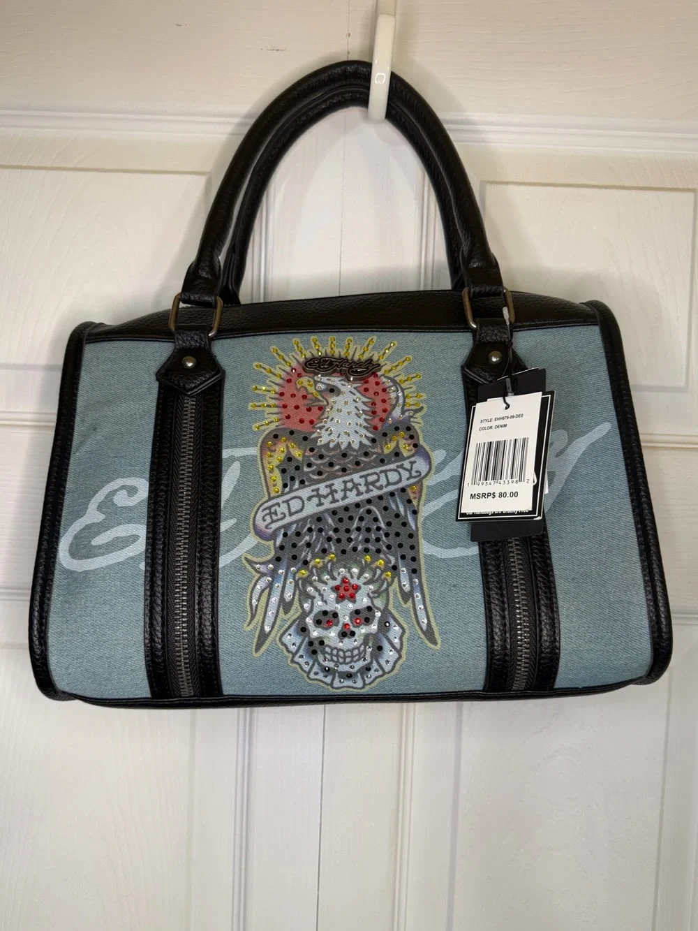 NWT Ed Hardy Blue and Black Eagle Graphic Denim Satchel MSRP $80